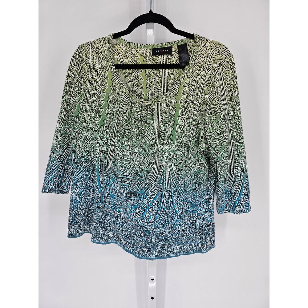 Axcess Ombre Multicolor Floral Cotton Blend Scoop-Neck 3/4 Sleeve Blouse Size L